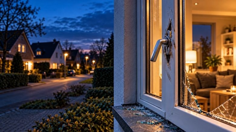 Beschädigtes Fenster eines Wohnhauses in der Dämmerung mit Hebelspuren, zerbrochenem Glas und warm beleuchtetem Innenraum als Motiv zum Thema Einbruchschutz.