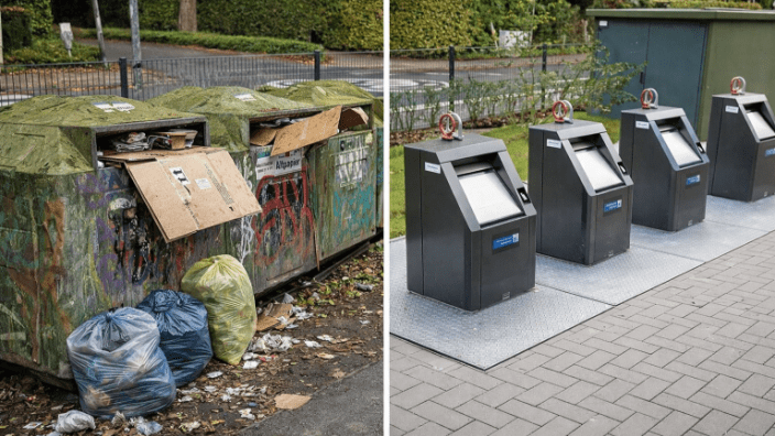 Vorher-/Nachher-Bild eines Containerplatzes: links vermüllte, alte oberirdische Container, rechts saubere moderne Unterflurcontainer am selben Standort.