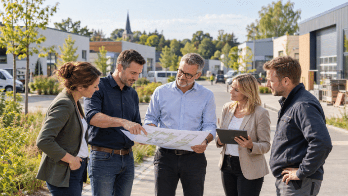 Fünf Personen besprechen in einem Gewerbegebiet gemeinsam einen Lageplan.